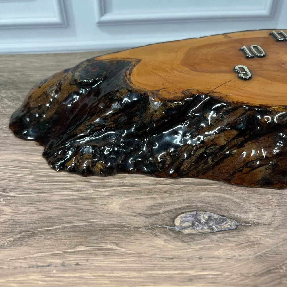 Live Edge Wood Epoxy Wall Clock Brown Glossy Resin Rustic Slab